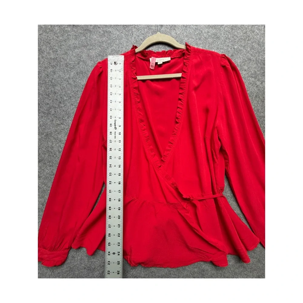 Loft Red Ruffle Wrap Blouse Peplum Top Long Sleeve Rayon Womens Medium Romantic